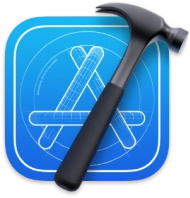 Logo von Xcode, dargestellt durch ineinander verschachtelte Hammer und Lineal auf einem hellblauen Hintergrund.